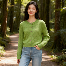 大朗毛衣工厂批发秋冬优雅淑女绿色圆领长袖单排扣麻花针织衫