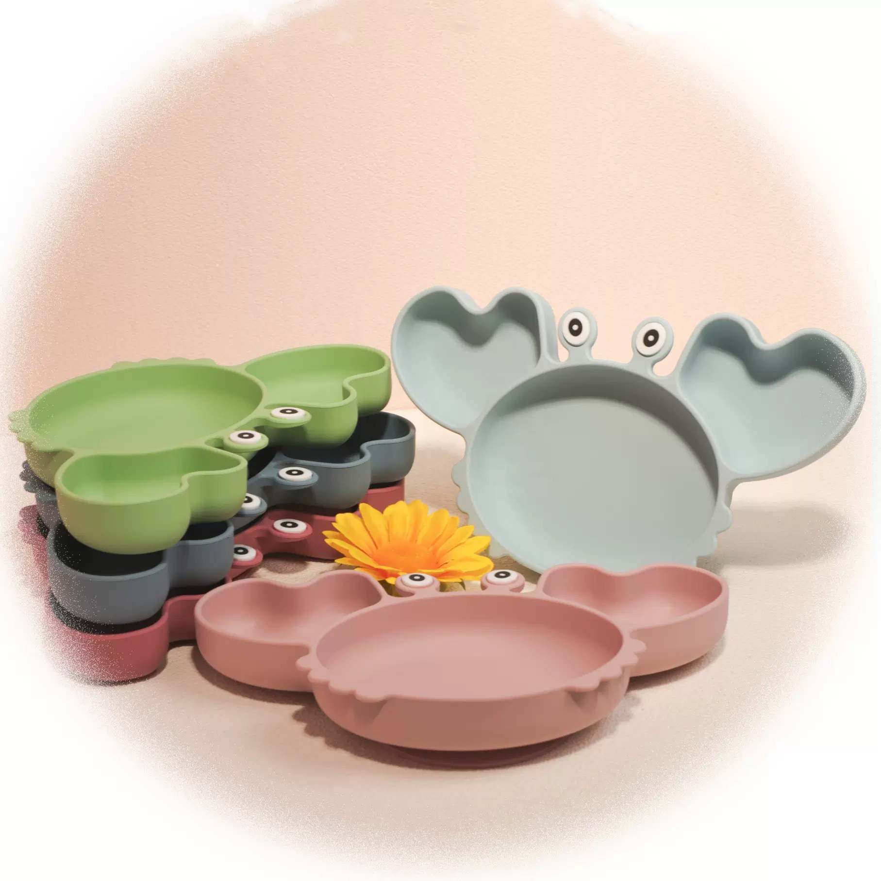 定制儿童硅胶餐具九件套螃蟹宝宝餐具辅食碗硅胶勺叉喂养餐具婴儿