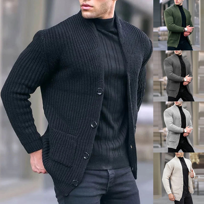 European and American fashion casual men's cardigan long sleeve loose solid color pocket button slim fit men's autumn and winter New sweater European and American fashion casual men's cardigan long sleeve loose solid color pocket button slim fit men's autumn and winter New sweater