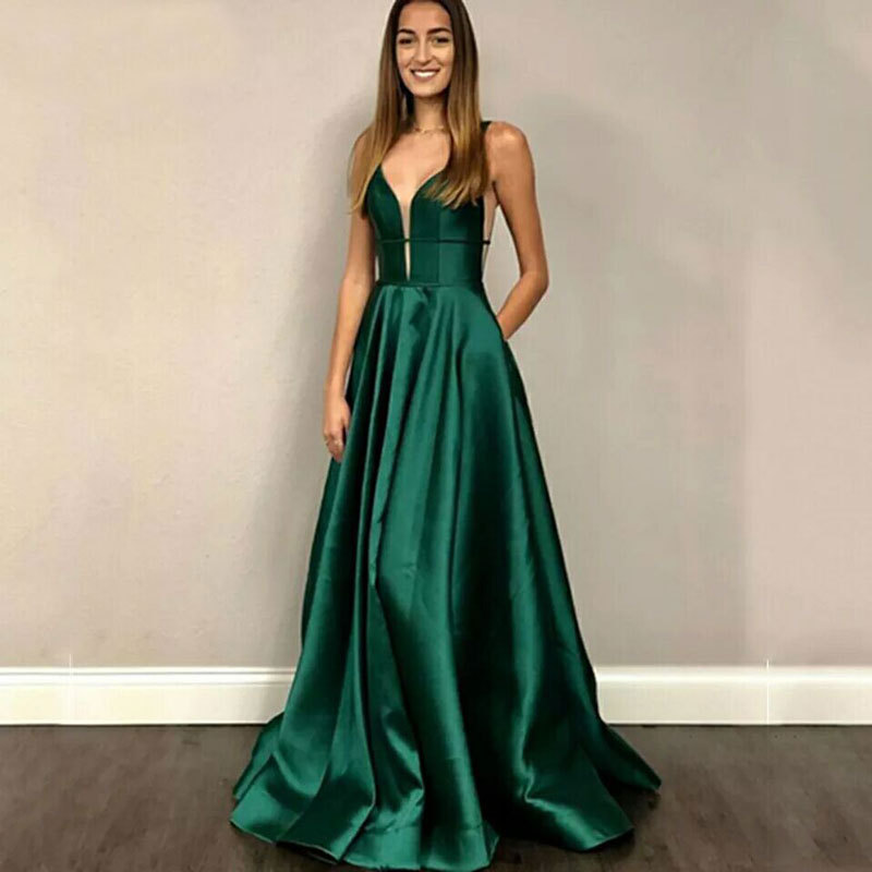 Comercio exterior europeo y americano amazon aliexpress deseo vestido de noche de las mujeres con cuello en v vestido largo verde una línea de vestido de satén