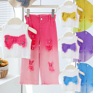 Summer children's set, jeans sleevless, summer clothing, for teenagers