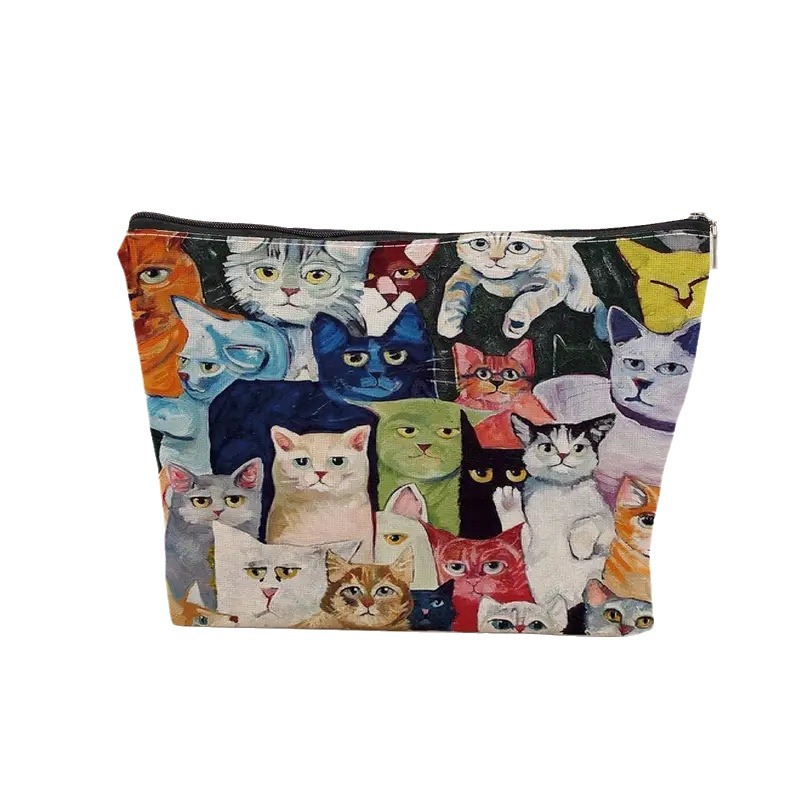 Transfronterizos Amazon maquillaje de mujer diseño de gato maquillaje creativo bolsa bolsa de almacenamiento lino bolsa de cremallera impermeable