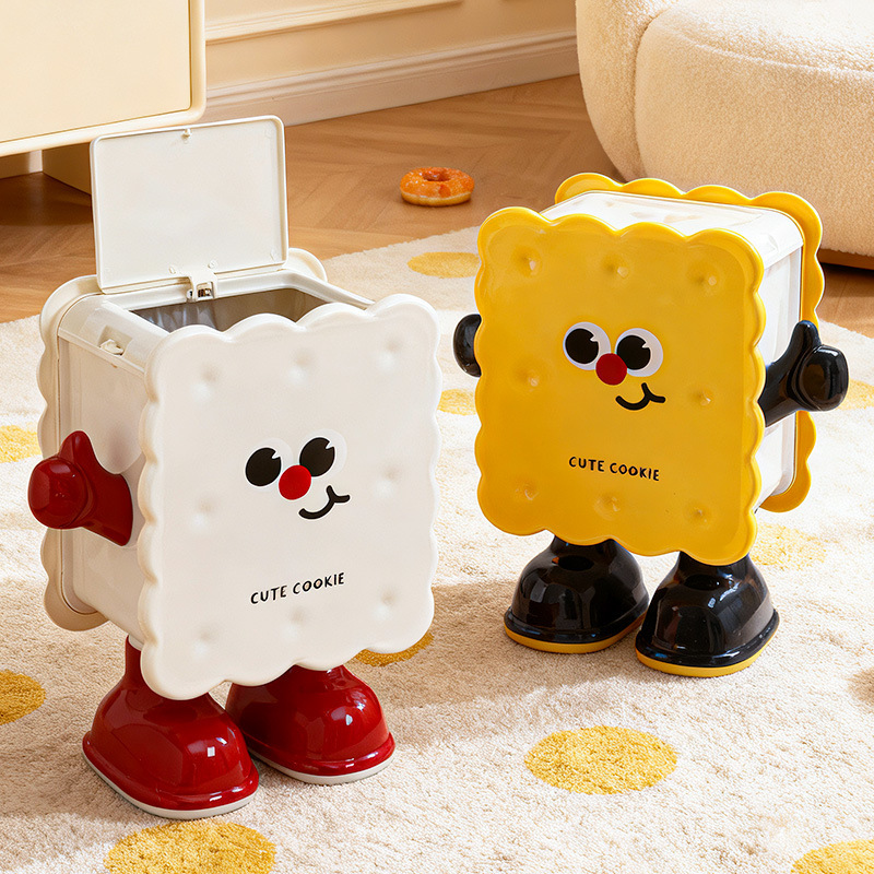 Household Living Room Trash Can Cartoon Biscuit Accessible Luxury Large Capacity Push Type Cute Creative with Lid and Wheels Removable