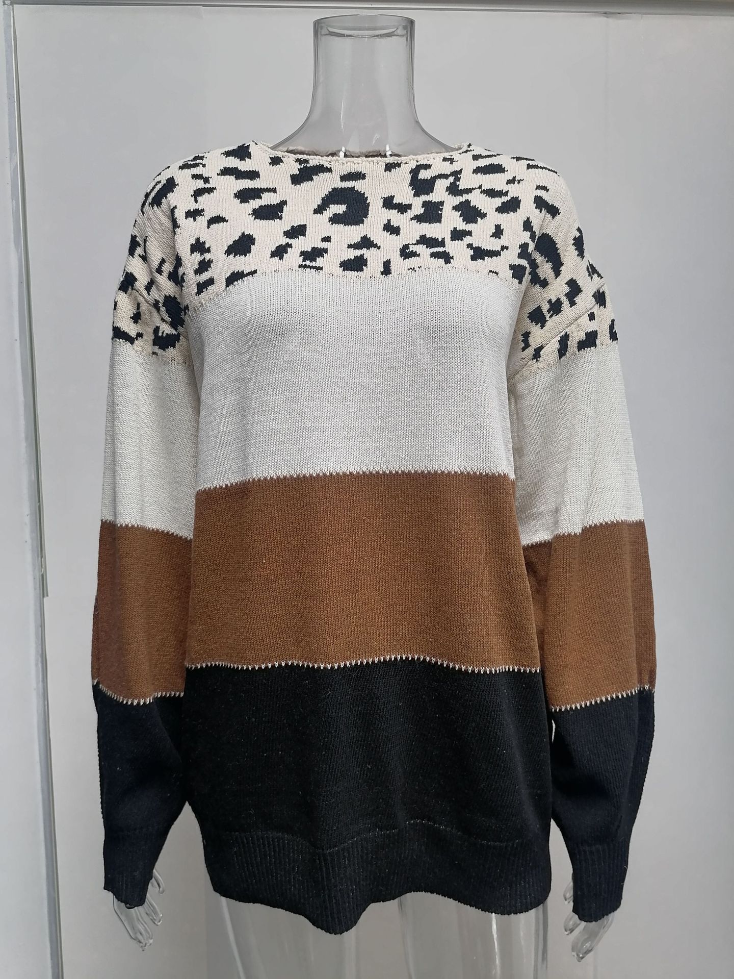 Polyester, Polyacrylonitrile Fiber Fabric Type Women's Sweater Long Sleeve Sweaters & Cardigans Contrast Binding Streetwear Color Block Leopard
