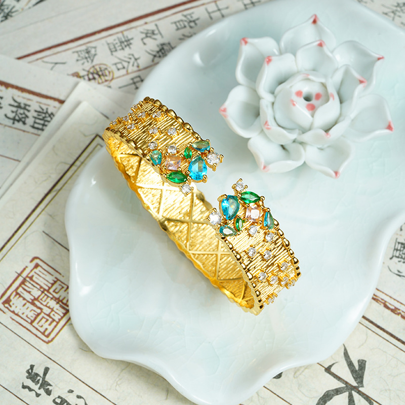 Pulsera de oro de arena vietnamita, estrella brillante con incrustaciones de circón, pulsera de superficie ancha