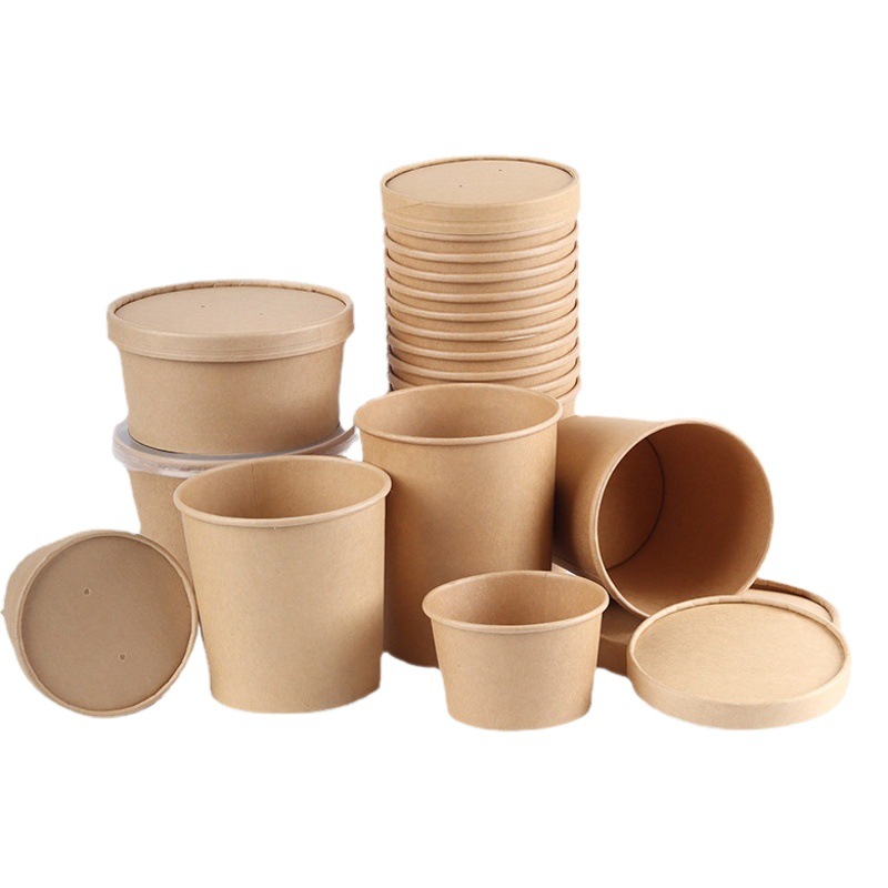 Cubo de papel kraft desechable sopa personalizada gachas cubo para llevar caja de almuerzo taza redonda tazón Cubo de polvo caliente y agrio degradable al por mayor
