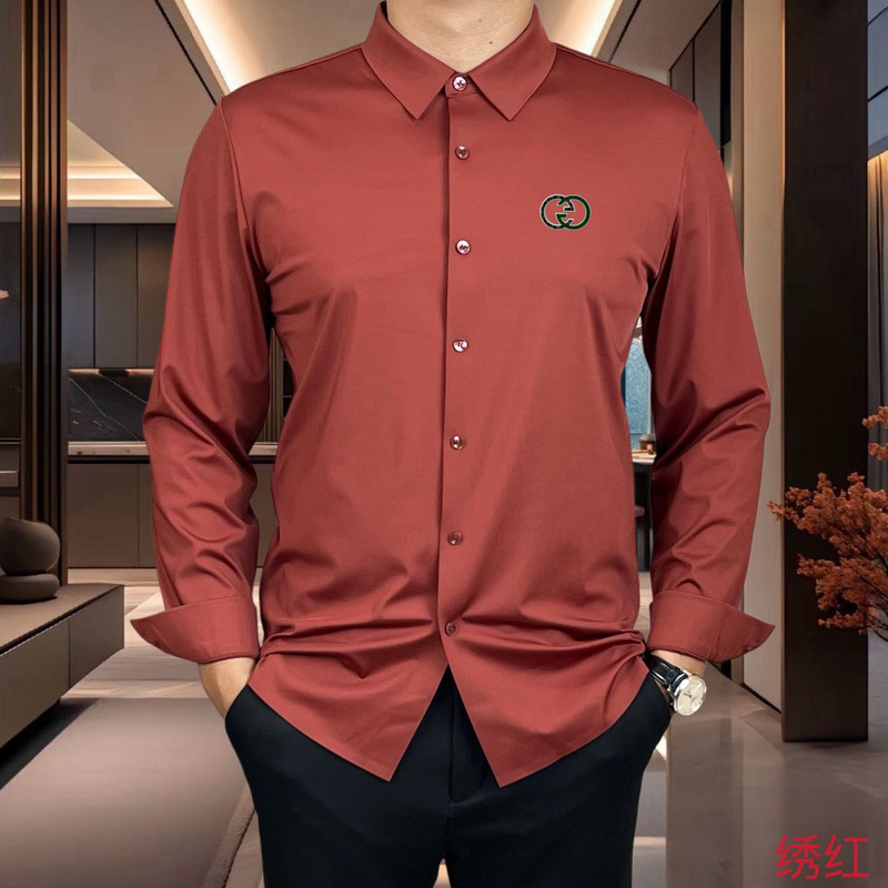 Business casual men's long-sleeve shirt, seamless, stretchy, wrinkle-free, embroidered, collared, solid color, light luxury men's top wholesale Business casual men's long-sleeve shirt, seamless, stretchy, wrinkle-free, embroidered, collared, solid color, light luxury men's top wholesale