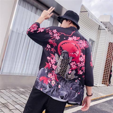 Estilo japonés retro oscuro ukiyo-e robe cardigan kimono hombres y mujeres estilo chino suelta 3/4 manga camisa abrigo moda
