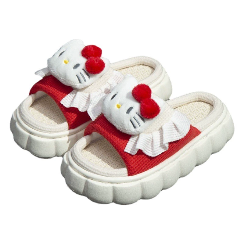Весна и лето новые милые льняные тапочки Sanrio для девочек, домашние сандалии Four Seasons, универсальные дышащие домашние сандалии на толстой подошве