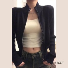 黑色拉链针织开衫外套女装早秋季2025新款外搭毛衣修身打底衫上衣