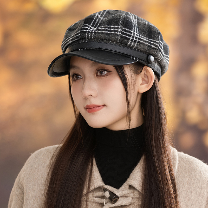 新款显脸小平顶鸭舌帽英伦风秋冬女士鸭舌帽八角帽女贝雷报童帽子|undefined
