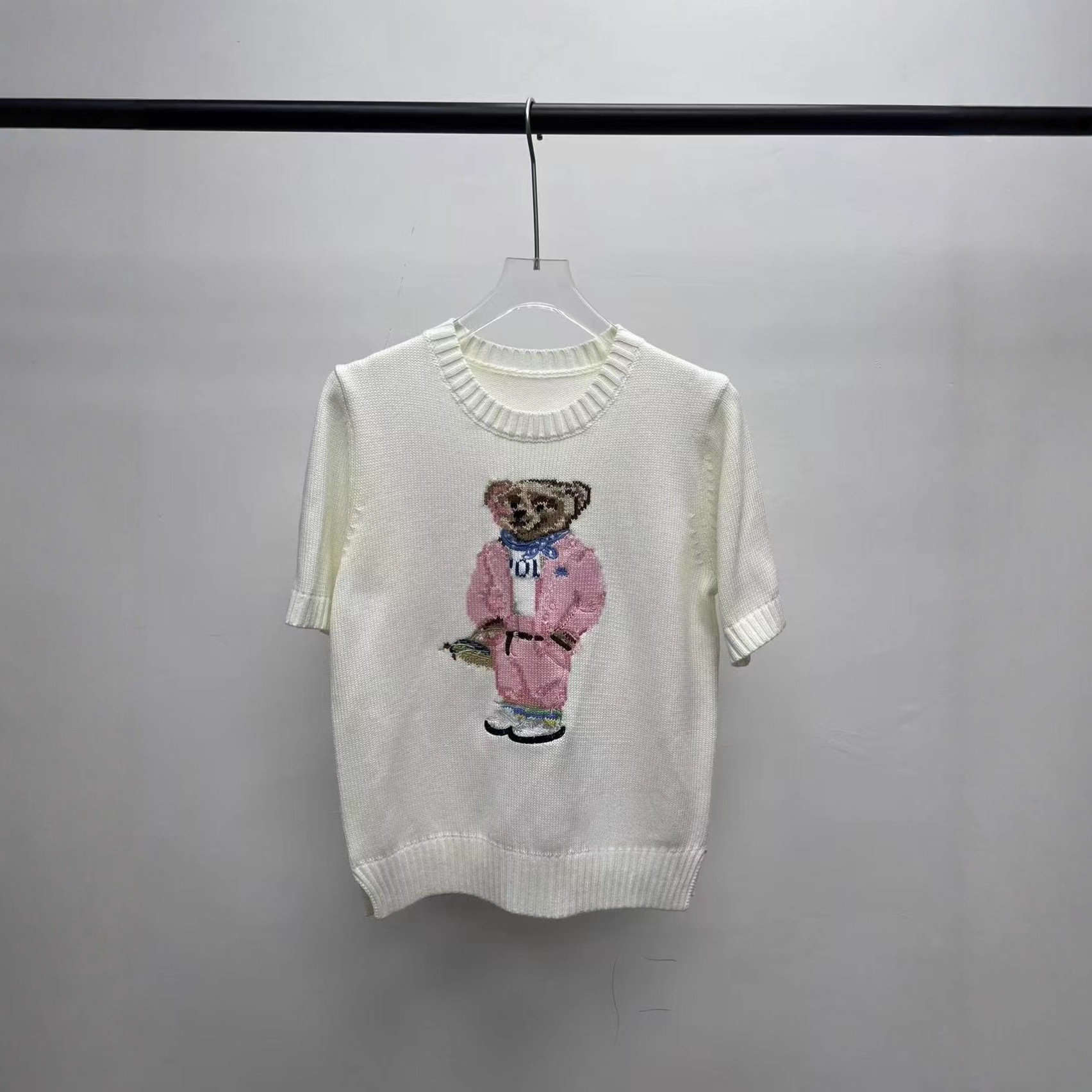 2025 R.L Autumn/Winter New Wool Blend Cartoon Bear Crew Neck College Style Age-Reducing Versatile Sweater Women's Short-Sleeve T-Shirt