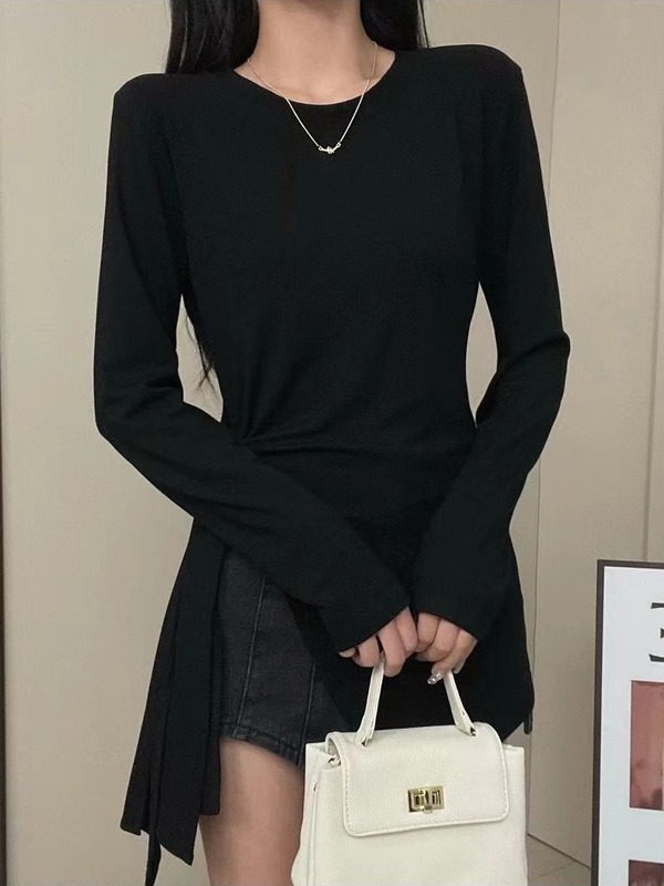 大码胖mm不规则开叉系带中长款长袖T恤女新款秋修身显瘦正肩上衣|undefined
