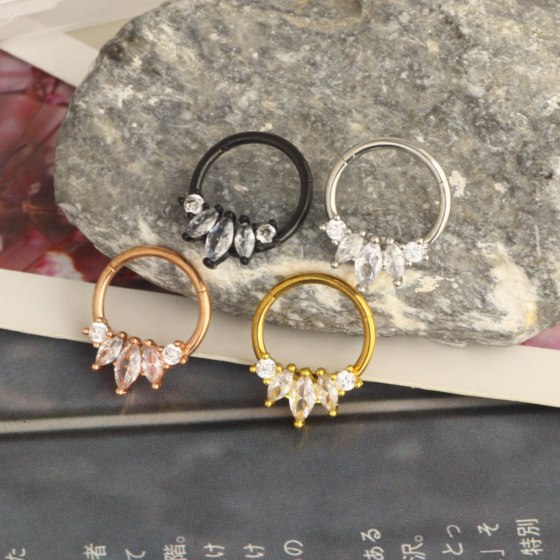 Stainless Steel Closed Ring Human Piercing Cartilage Jewelry Nose Ring Three Flap Flower Micro Zircon Ear Clip Earrings detail image 7
