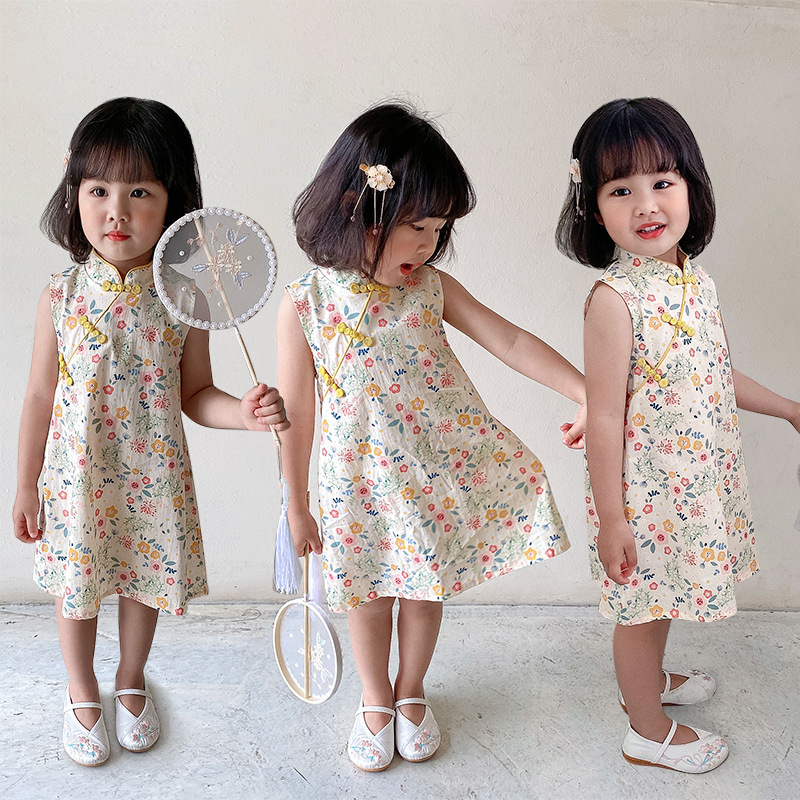 Girls Floral Sleeveless Cheongsam Chinese Style Baby Dress Official Lady Princess Dress Western Style Improved Cheongsam