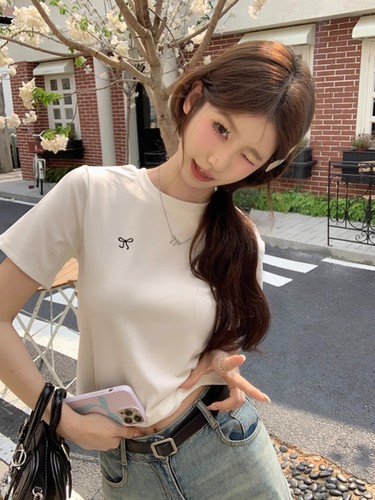 6621#2025 Summer Short-Sleeve T-Shirt Korean-Style Embroidered Sweet and Spicy Pink Knit Fitted Crew Neck Square Shoulder Top for Women