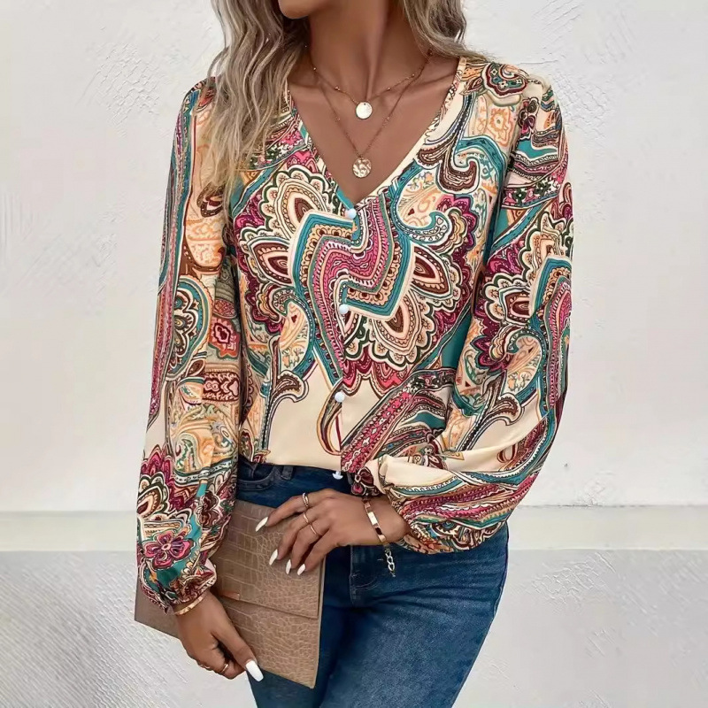 Spot 2024 Amazon Temu Autum New Paisley Printed V Neck Shirt Bohemian Elegant Top