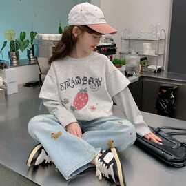 女童秋装长袖恤新款儿童女孩春秋打底衫秋季假两件条纹上衣时尚