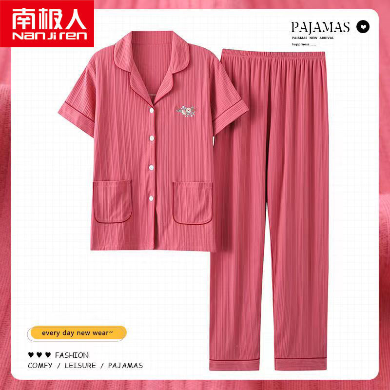 Pijamas de mujer de verano de algodón de manga corta pantalones de solapa de verano de las mujeres delgadas homewear traje