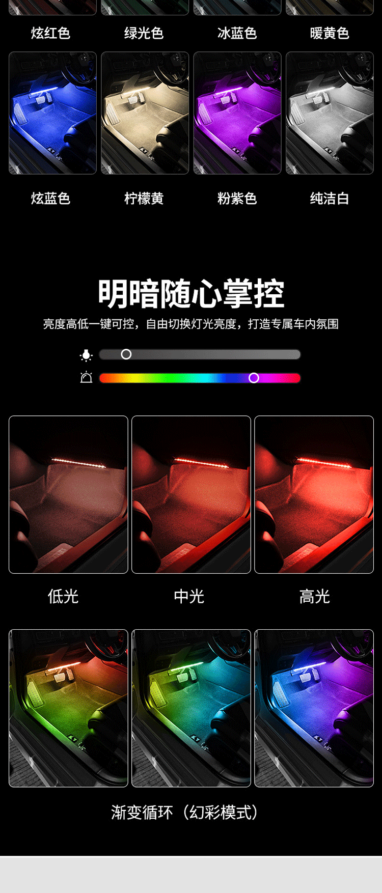 New ambient light for the car, LED colorful interior lighting, USB-powered footwell decorative light, remote control and mobile app control