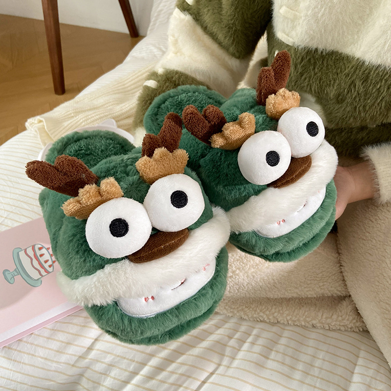 2024 Novi ljubki božični copati z losovim motivom, ženski zimski modni domači mopi za tla, nedrseči puhasti copati_voghion.com