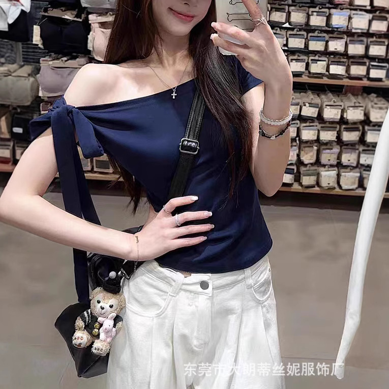 Hot Girl Style Strappy Off-Shoulder Short-Sleeved T-Shirt 2025 Summer New Slimming Look Slim Elegant Short Niche Top for Women