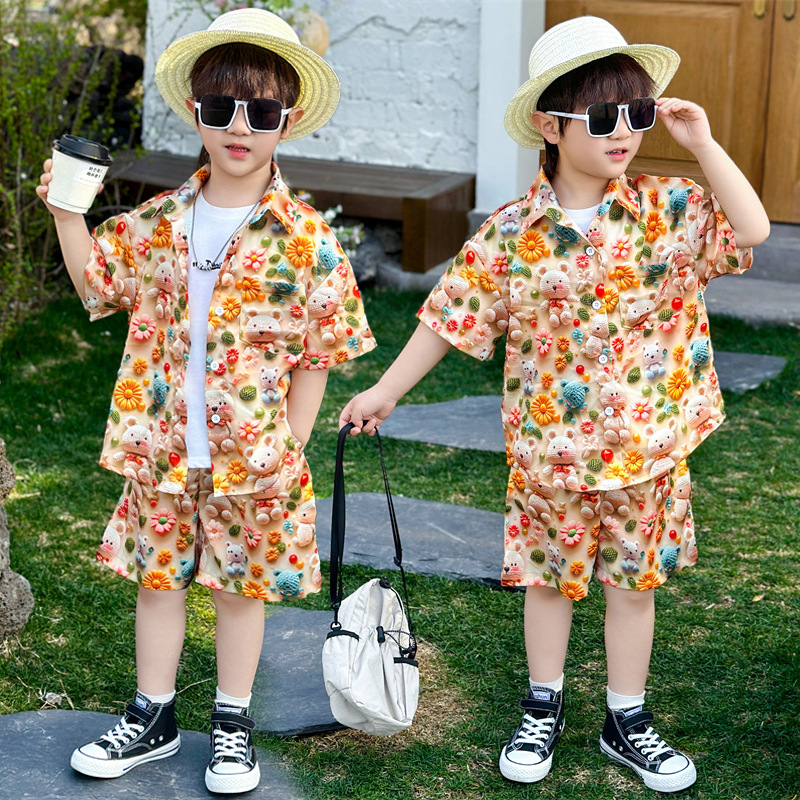 7122 Traje de chaleco para niños Camisa hawaiana de manga corta para niños Ropa de verano para bebés guapos Traje de tres piezas de verano