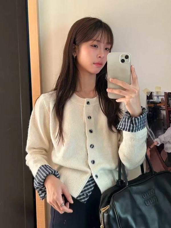 假两件格子拼接针织开衫毛衣女秋冬2025新款松弛感慵懒风短款外套|undefined