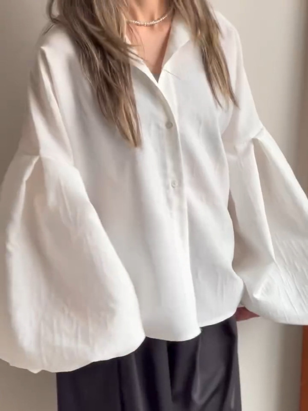 跨境欧美秋装长袖宽松翻领衬衣亚马逊独立站爆款灯笼袖开衫衬衫|undefined