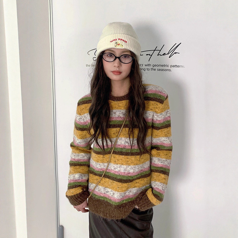 2025 New American Retro Stripesd Knitwear Versatile Color Matching Rainbow Loose Lazy Knitwear 9090S