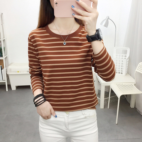 2024 new large size loose cotton long-sleeved T-shirt women's middle-aged mother autumn striped bottoming shirt top