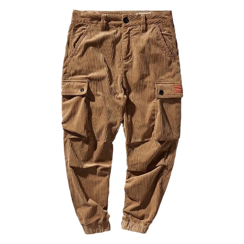 Nuevo mono de Bolsillo grande retro para hombres pantalones casuales de moda sueltos de todo el partido de pana de moda Pantalones americanos atados al tobillo