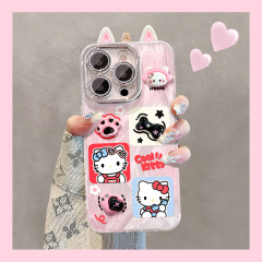 猫爪kt猫ぬいぐるみ対応 Apple 16羽纱スマホケース 15promax可愛い17漫画風13高級感14