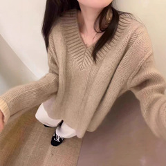2025秋冬100羊毛女士套头V领针织打底衫宽松软糯气质休闲简约长袖
