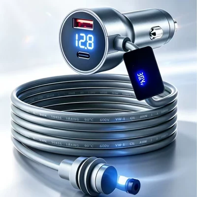 Cross-border bestseller: The fourth-generation 30V digital display boost car charger with waterproof power cable, multifunctional 3-in-1 car charger