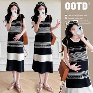 Maternity 2025 Summer New Fashion Slim-Fit Temperament Slimming Age-Reducing Pregnant Women Striped Mid-Length dress