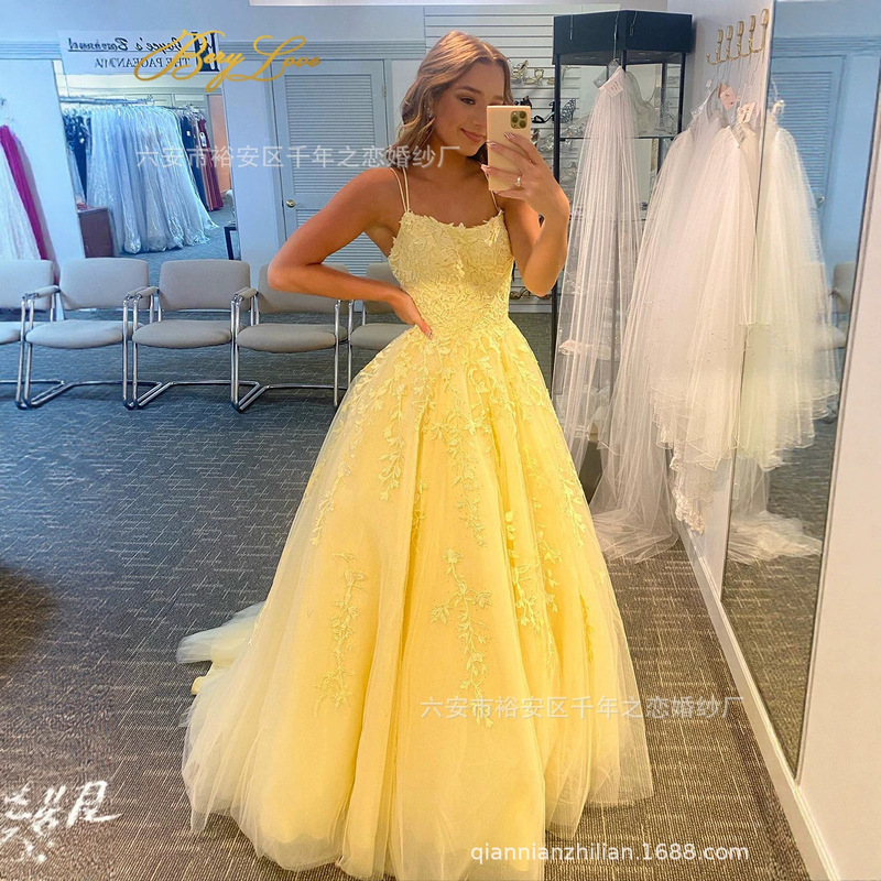 Women's Lace Applique Ball Gown Slender Shoulder Strap Backless Sexy Gown Formal Elegant Evening Gown