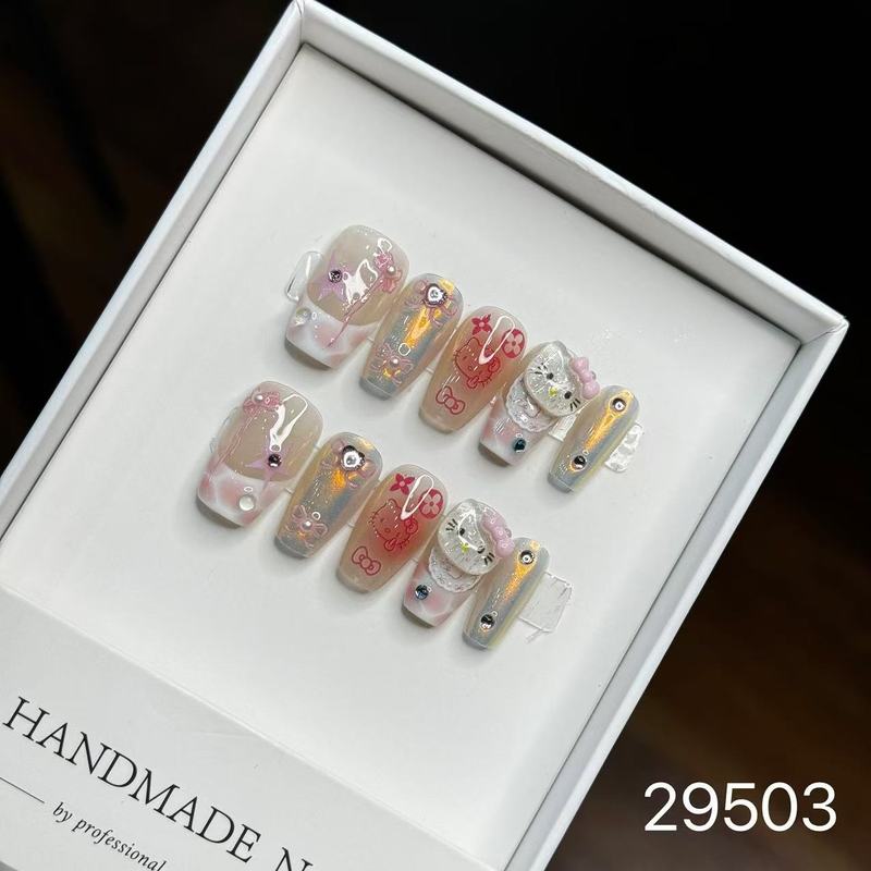 【純手作りのつけ爪29-32】ロングフレンチキャットアイパッチ付け爪、取り外し可能なネイルアートコレクション|undefined