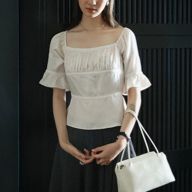 Lalaglo Full Acetate French Puff Sleeve Slim Fit Lace Patchwork Short Sleeve Shirt Women's Square Neck Top Lalaglo Full Acetate French Puff Sleeve Slim Fit Lace Patchwork Short Sleeve Shirt Women's Square Neck Top