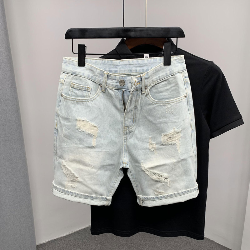 Beggar cat beard big hole popular quarter pants men's summer new fashion brand washed light blue Denim shorts Beggar cat beard big hole popular quarter pants men's summer new fashion brand washed light blue Denim shorts