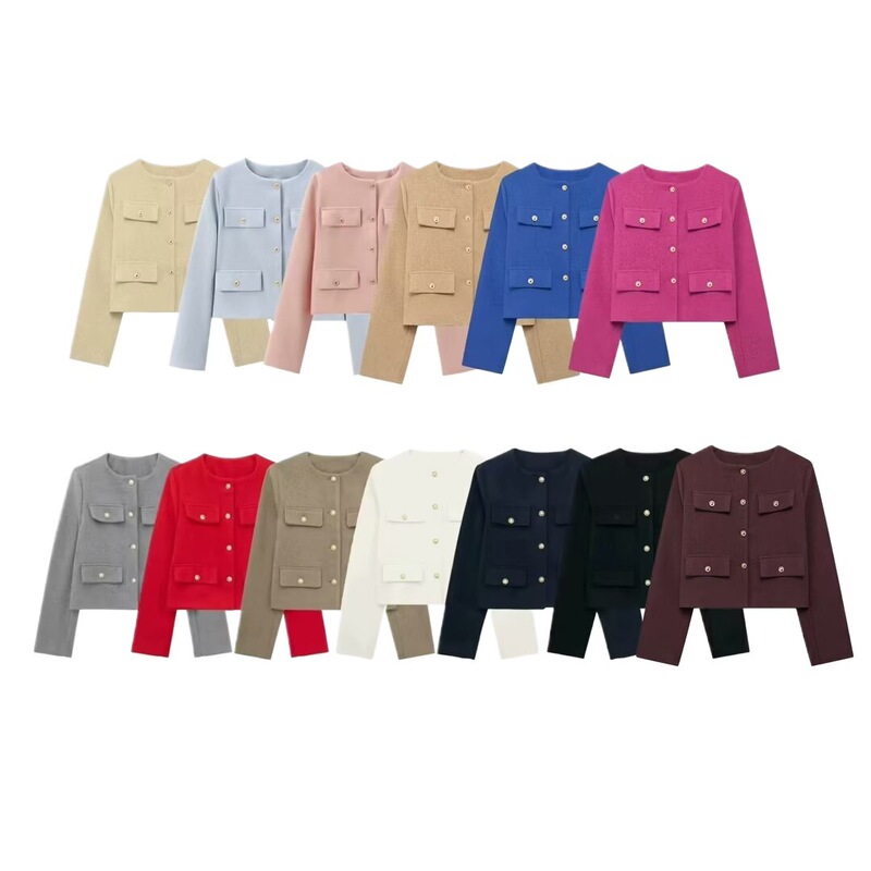 Cross-Border Wholesale Women's New Round Neck Flip-Top Decorative Small Fragrance Jacket Multi-Color 304627 Cross-Border Wholesale Women's New Round Neck Flip-Top Decorative Small Fragrance Jacket Multi-Color 304627