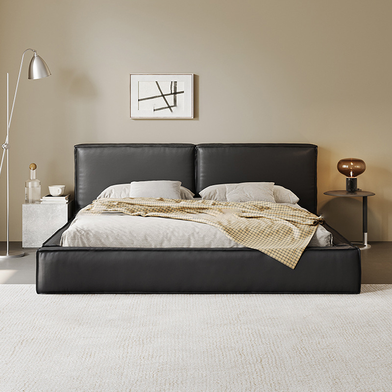 Cama de cuero genuino cama suave negro dormitorio principal de alta gama elegante tofu bloque cama doble 1,8 m italiano minimalista simple cama de boda