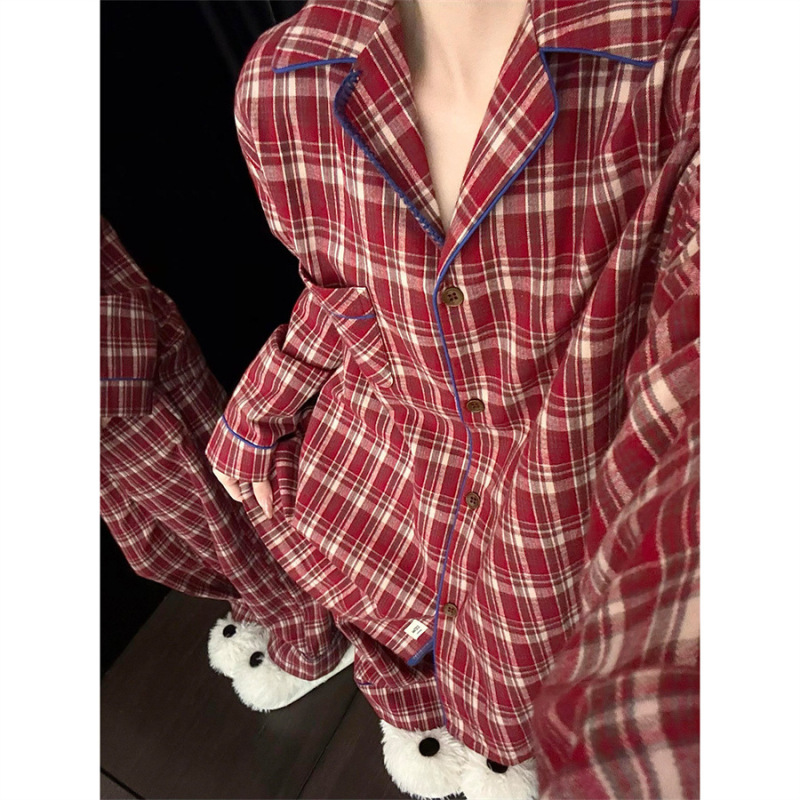 High-End New Style Plaid Pajamas for Women, Spring and Autumn, Ins-Style Simple Long-Sleeve Long-Pants Cloud Cotton Loungewear Set High-End New Style Plaid Pajamas for Women, Spring and Autumn, Ins-Style Simple Long-Sleeve Long-Pants Cloud Cotton Loungewear Set