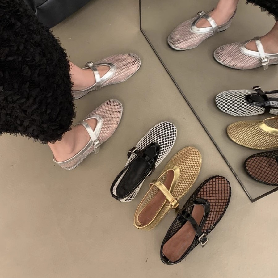 圆头网眼一字扣带芭蕾舞单鞋女ins满闪平底镂空玛丽珍凉鞋渔网鞋