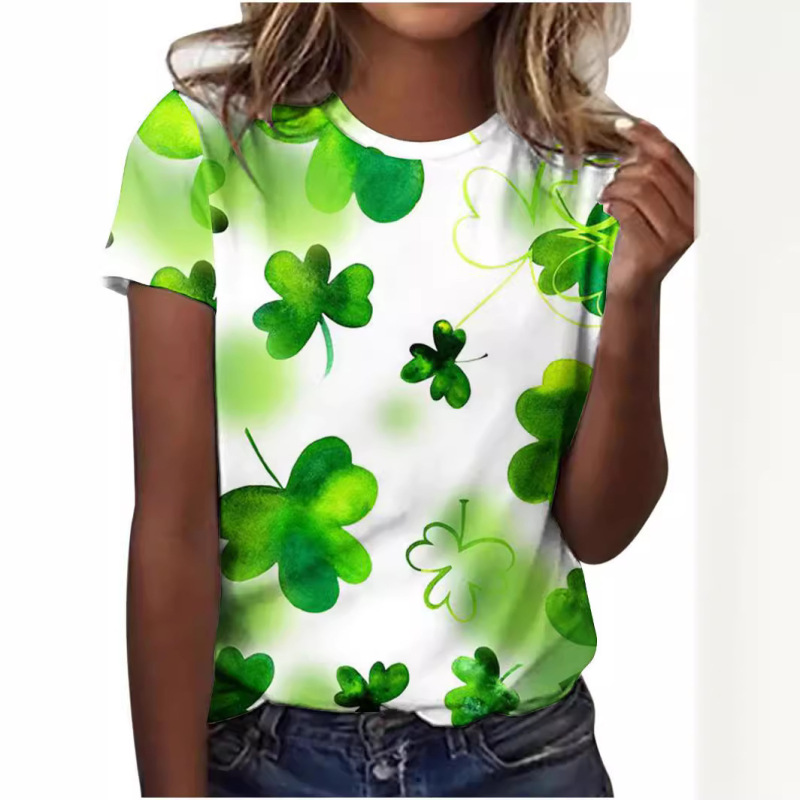 2026 New Cross-Border Irish Festival Lucky Clover St. Patrick's Day Digital Print Women's Short-Sleeve Summer T-Shirt 2026 New Cross-Border Irish Festival Lucky Clover St. Patrick's Day Digital Print Women's Short-Sleeve Summer T-Shirt