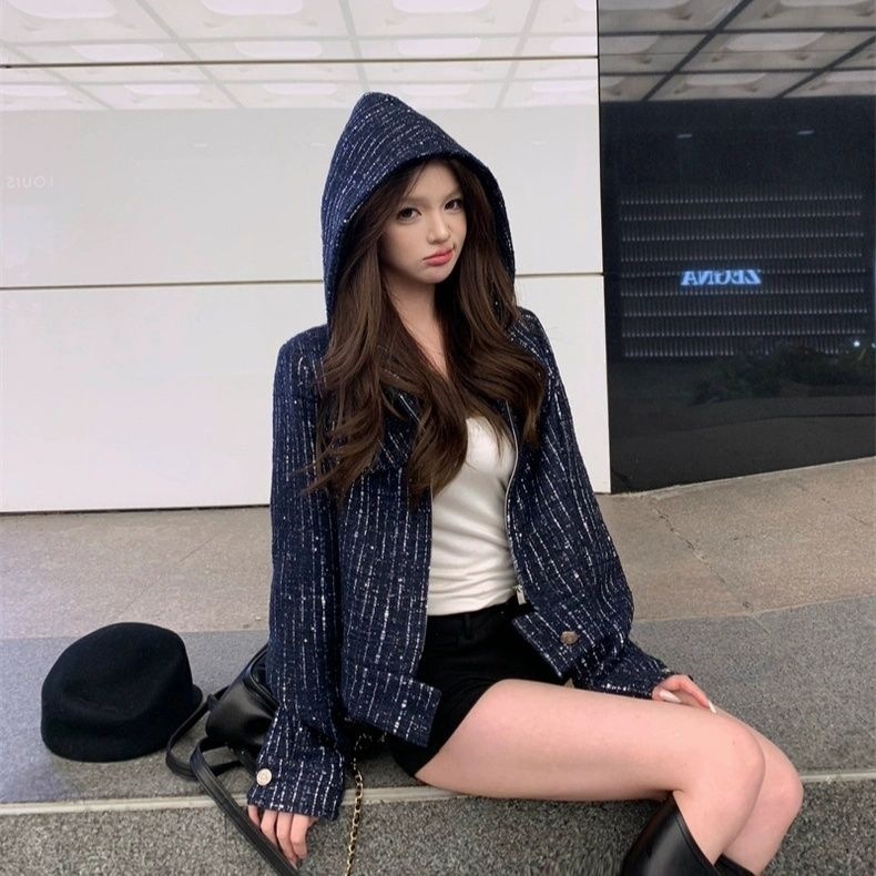富家千金感蓝色连帽小香风外套女春秋新款韩系小个子短款夹克上衣