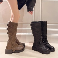 女性用厚底ナイトブーツ2025秋冬新作メイラードウエスタンデニムロングブーツハイレグパンツパイルブーツ