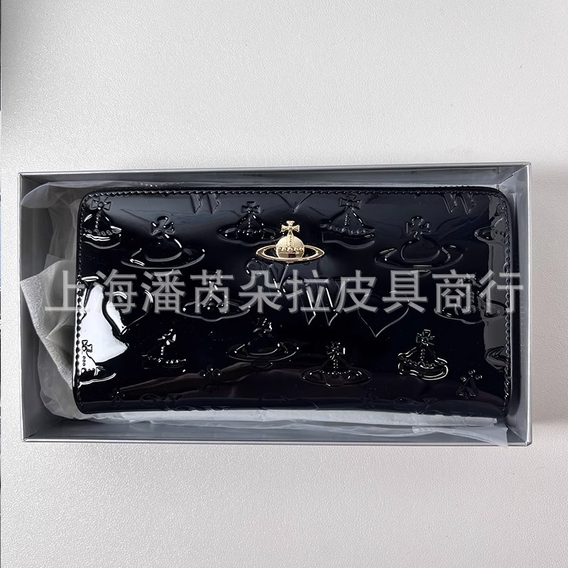 2024新型小衆西太后土星ワニ紋牛革三つ折り財布小銭入れ黒シンプル多カード位