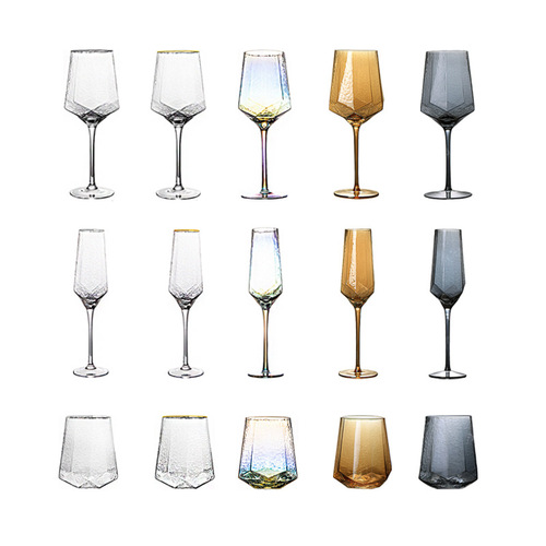 Light luxury diamond hammered goblet champagne glass crystal glass red wine glass gold rim wine glass set foreign wine glass wholesale