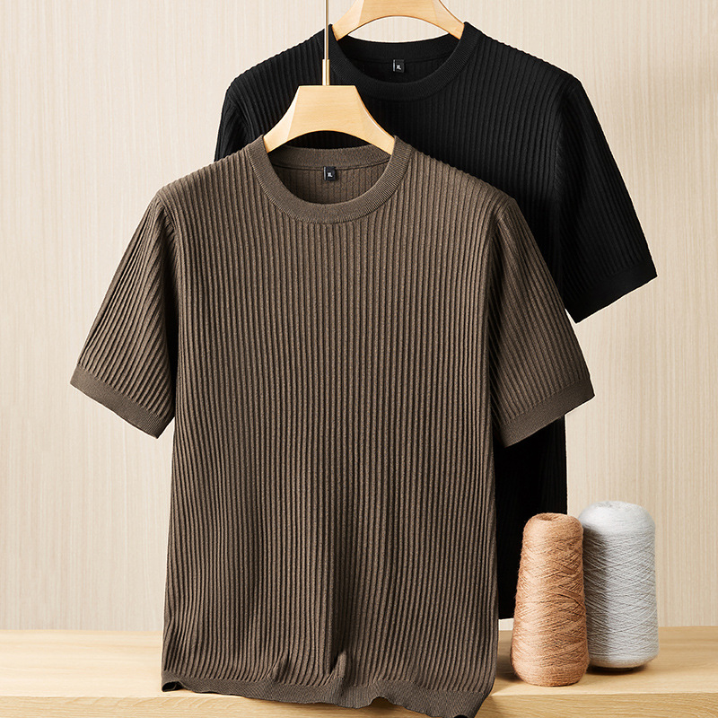 2025 New Autum Men's Plus Size Round Neck Stripesd Short-Sleeved Knitwear Men's Fat Short-Sleeved Knitwear